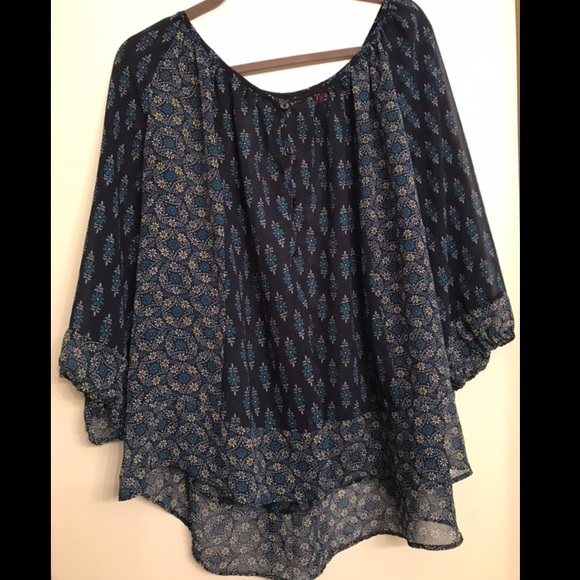 Elle Tops - Elle Paisley Navy Blue 3/4 Sleeve Peasant Blouse